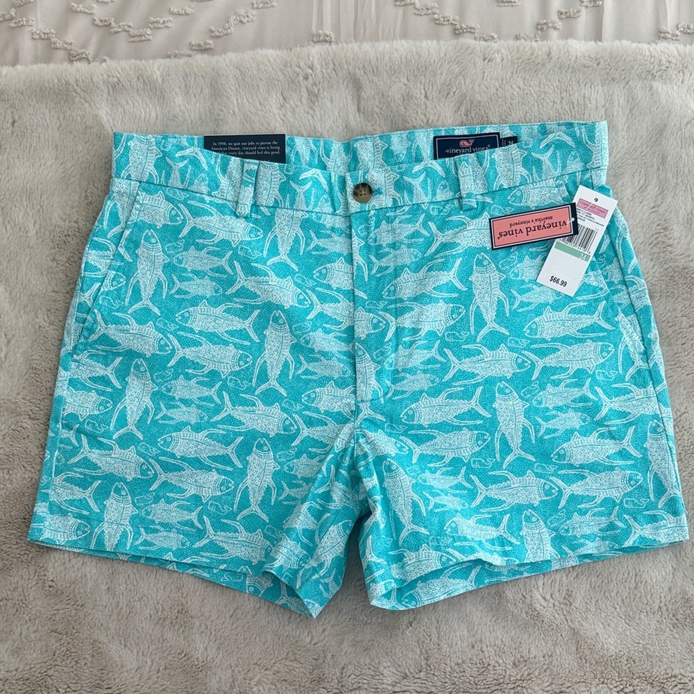 Vineyard Vines Turquoise Fish-Print Chino Shorts